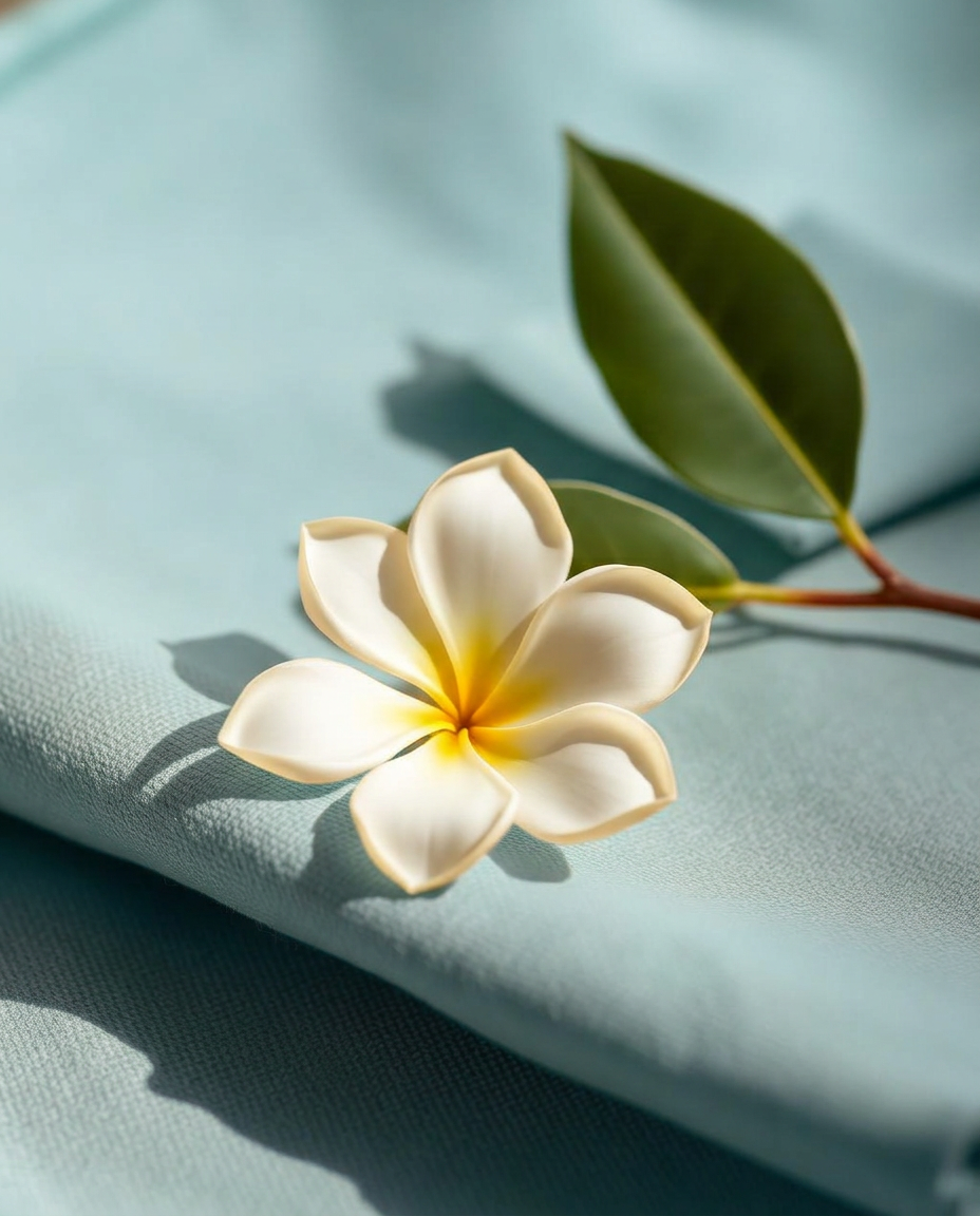 A creamy frangipani flower resting on warm linen