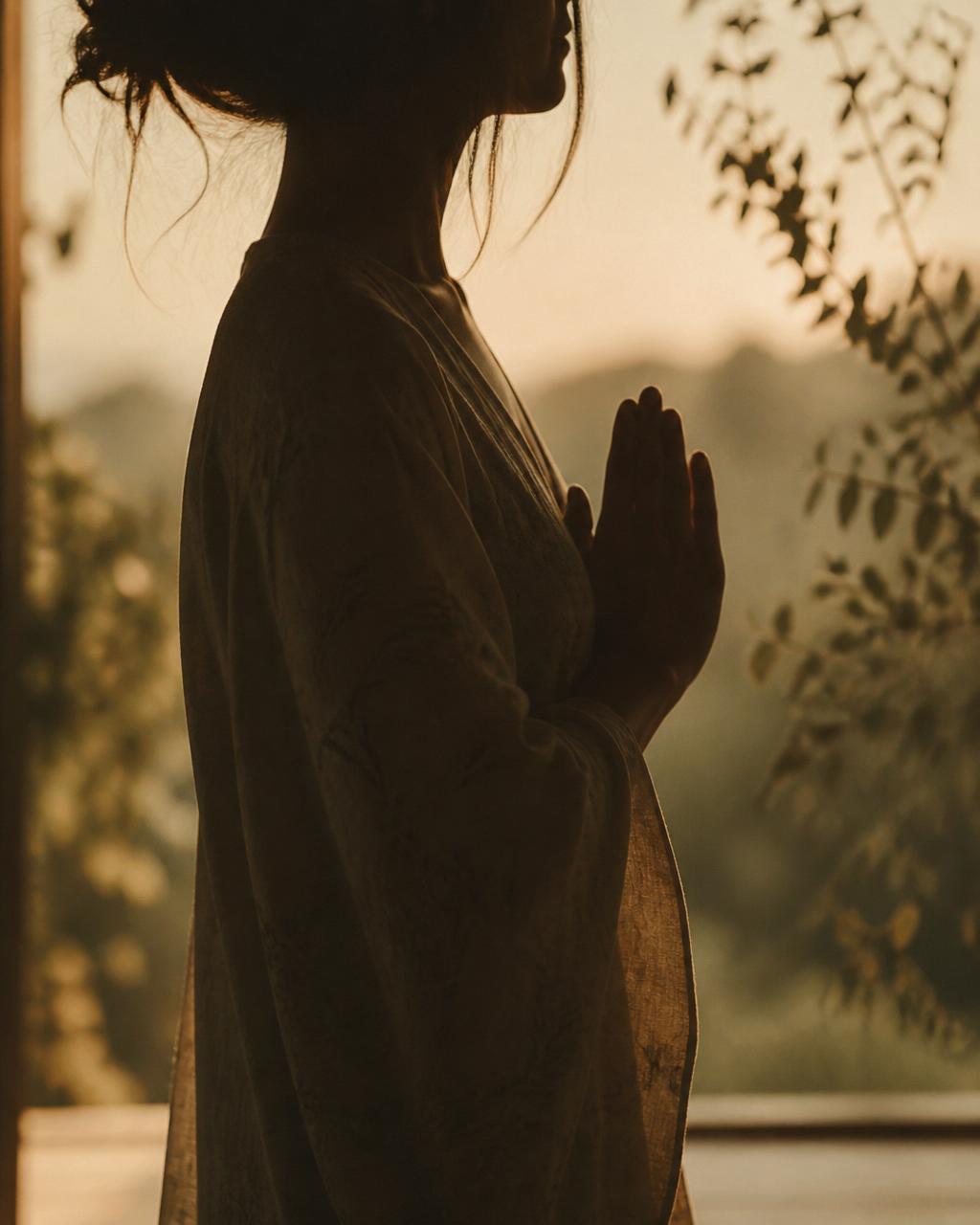 A soft silhouette of a woman with hands pressed gently at her heart in a gesture of gratitude