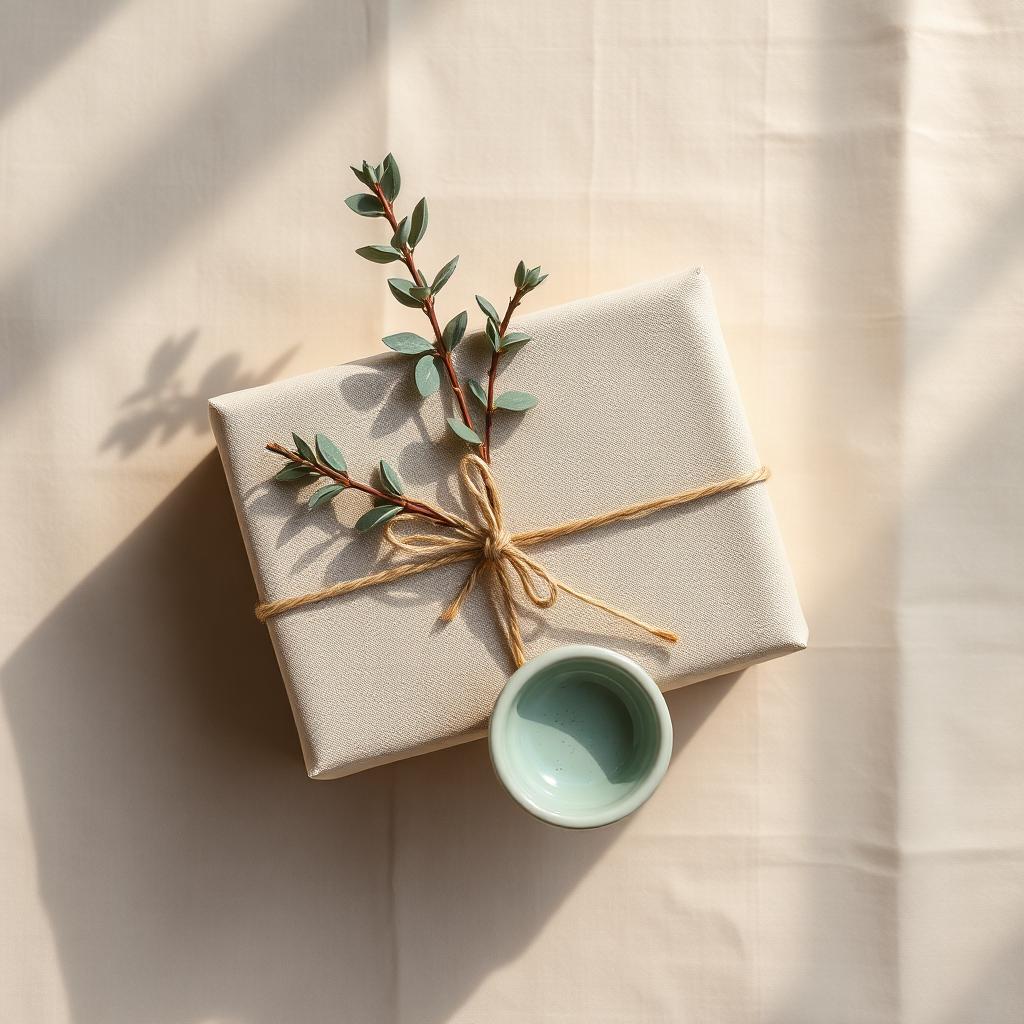Linen-wrapped gift box tied with jute twine and a sprig of eucalyptus, beside a small sage-glazed ceramic vessel.