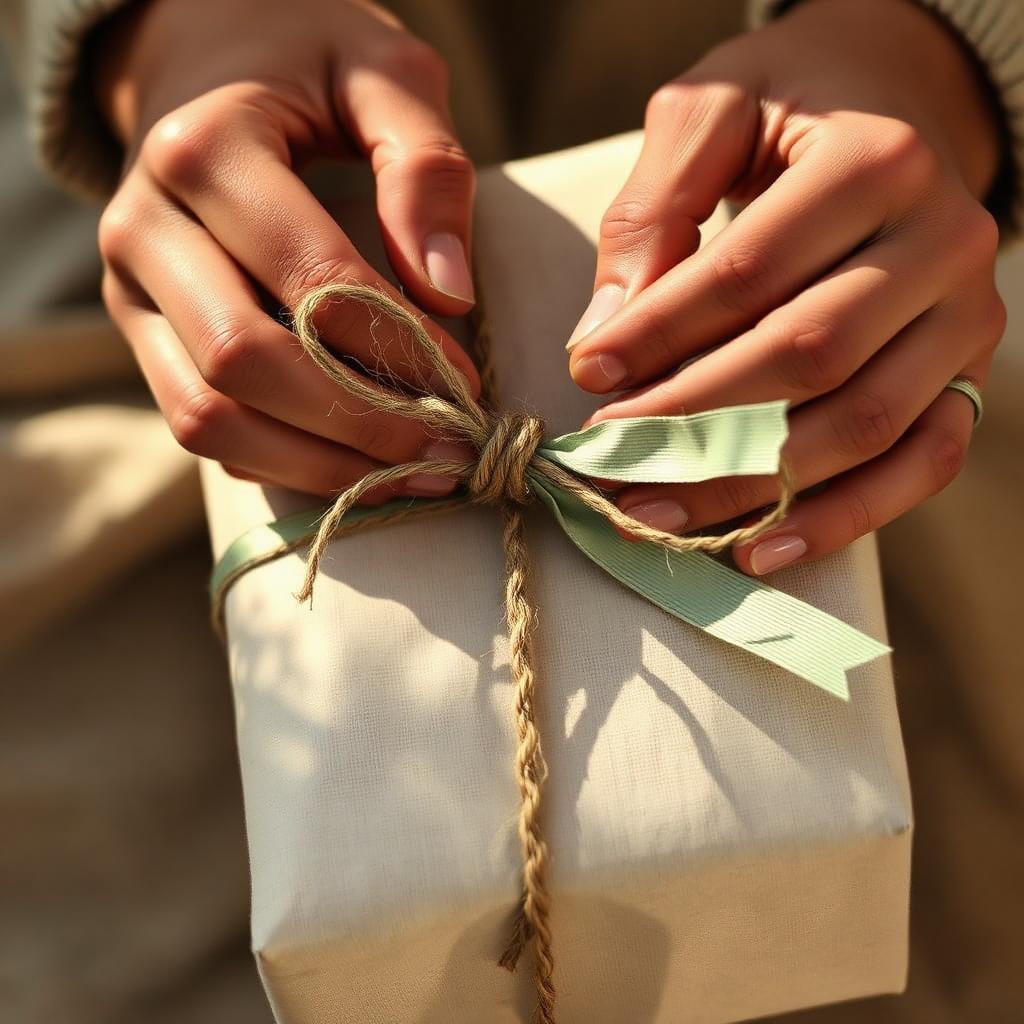 Hands tying a sage green ribbon and jute twine bow on a cream linen wrapped parcel in warm afternoon light.