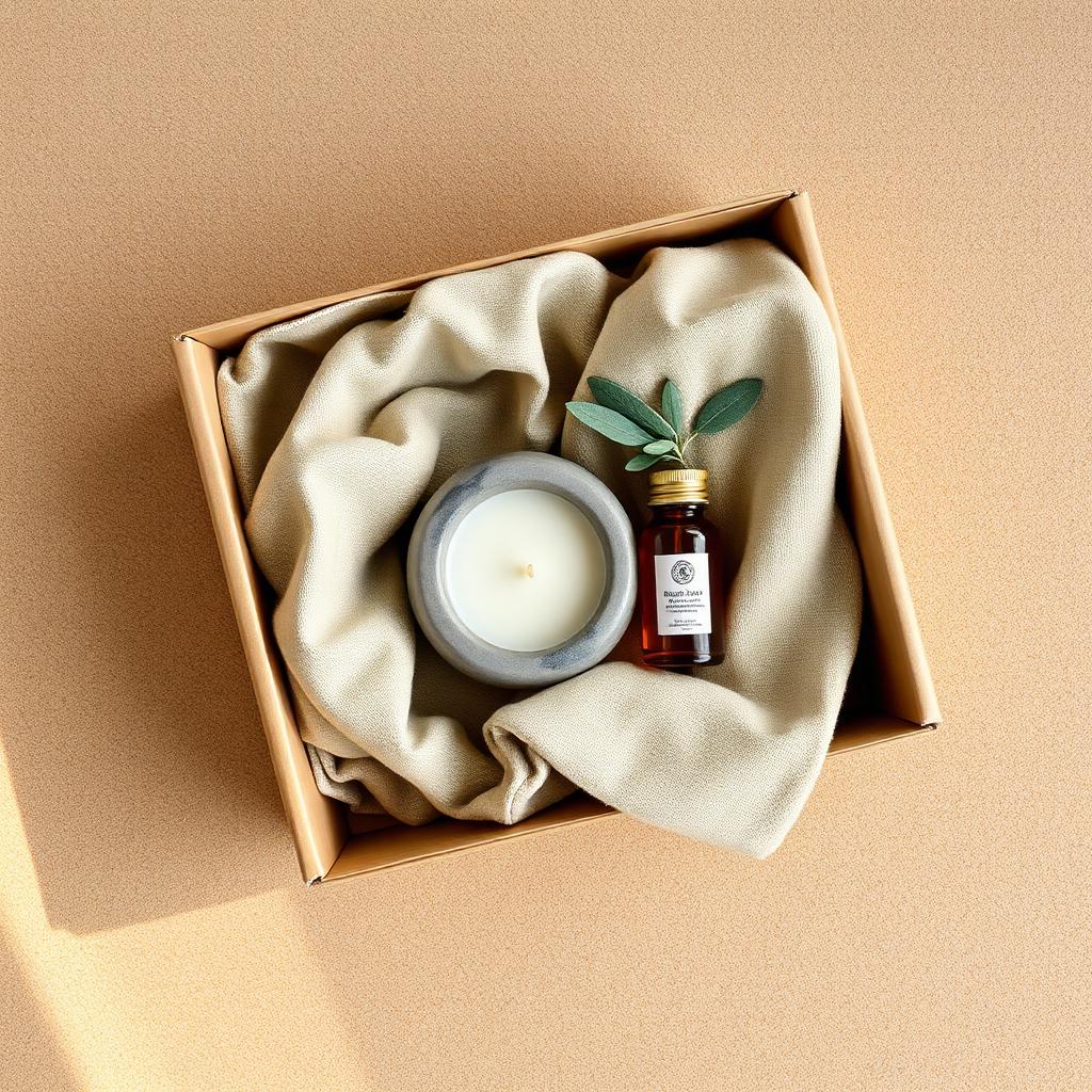 Open gift box with a stone-vessel candle, small amber bottle of botanical oil, folded sage linen cloth and an olive leaf.