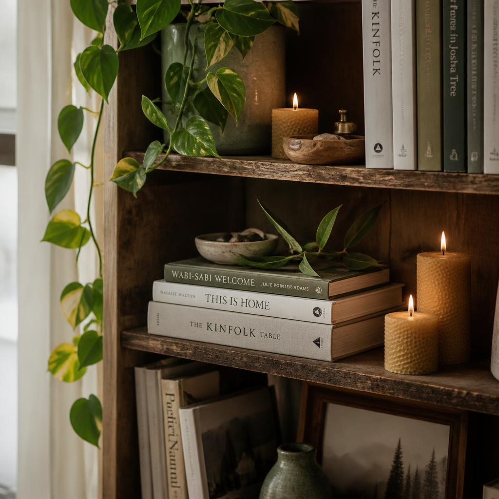 A rustic wooden bookshelf with hardcover books, beeswax candles and trailing plants.