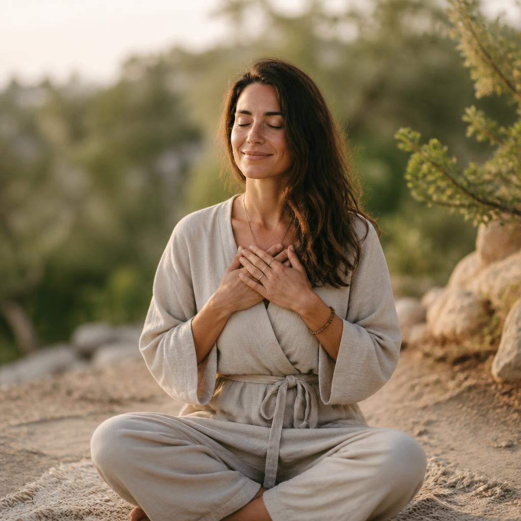 A woman sitting outdoors with her hands resting at her heart in quiet gratitude.