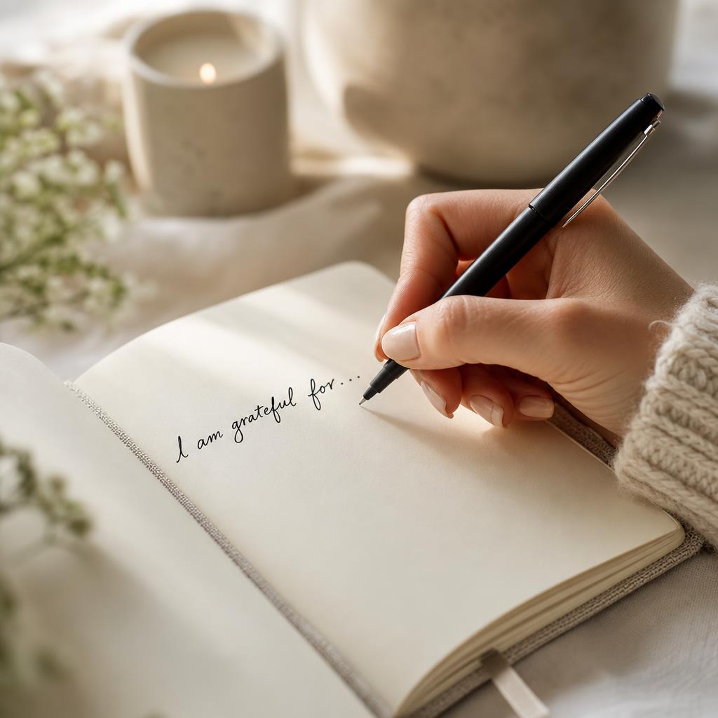 A hand holding a pen, writing 'I am grateful for...' in an open linen journal.