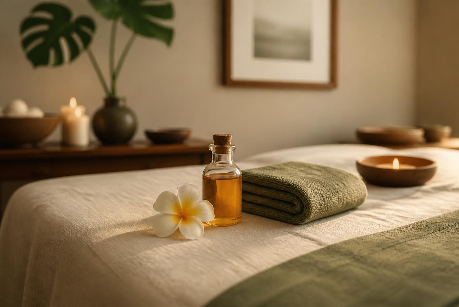 A calm treatment room with cream linen, warmed oil, a frangipani flower, sage towel and soft candlelight