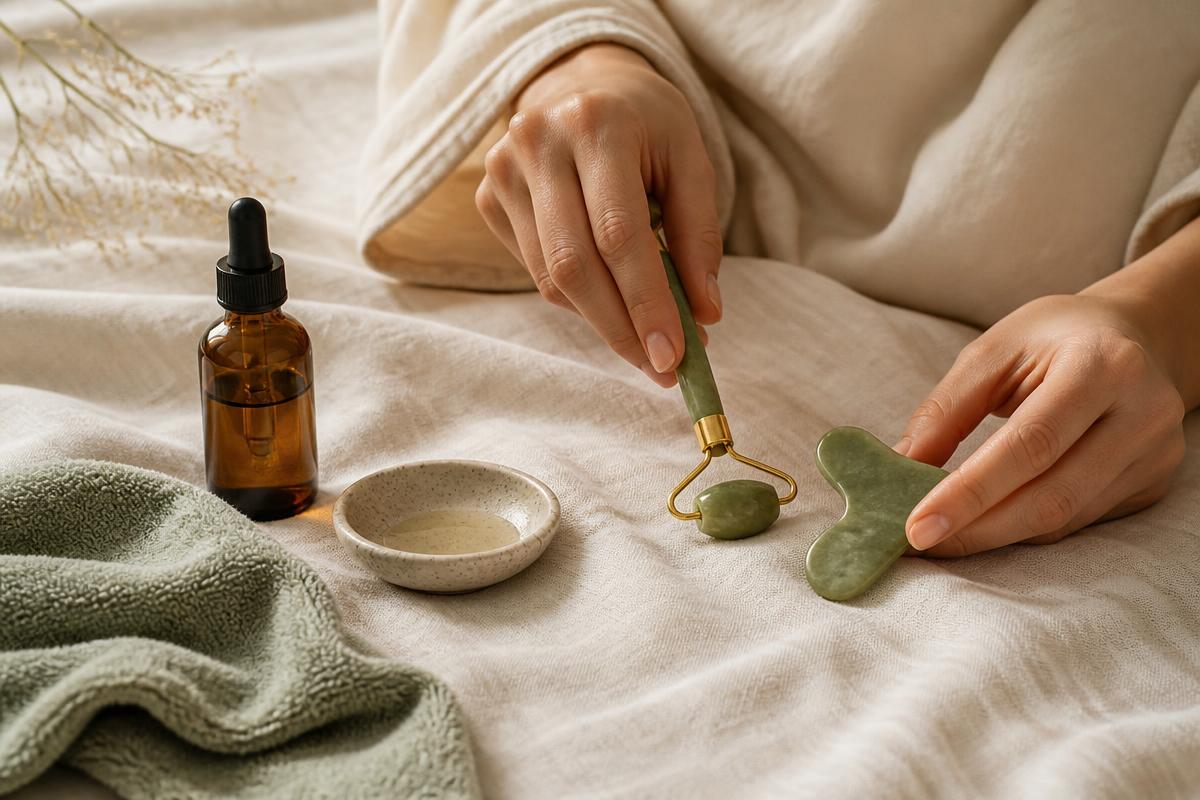 Hands gently holding a jade facial roller and Gua Sha stone beside a small bottle of oil on cream linen — a calm, restorative ritual.